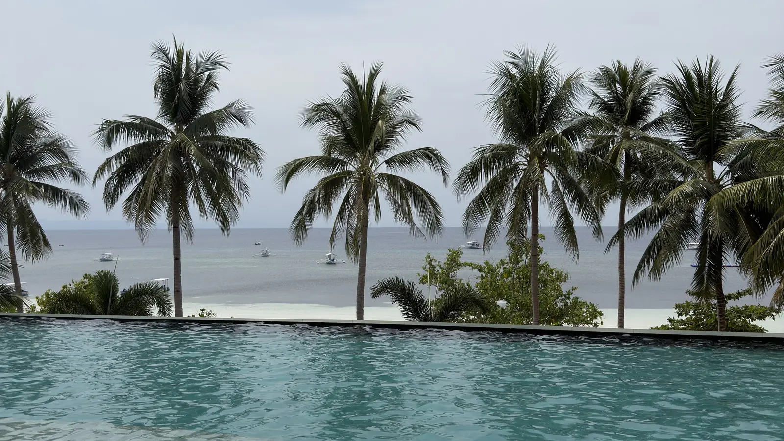 Piscina desbordante del Modala Beach Resort con palmeras y el mar al fondo