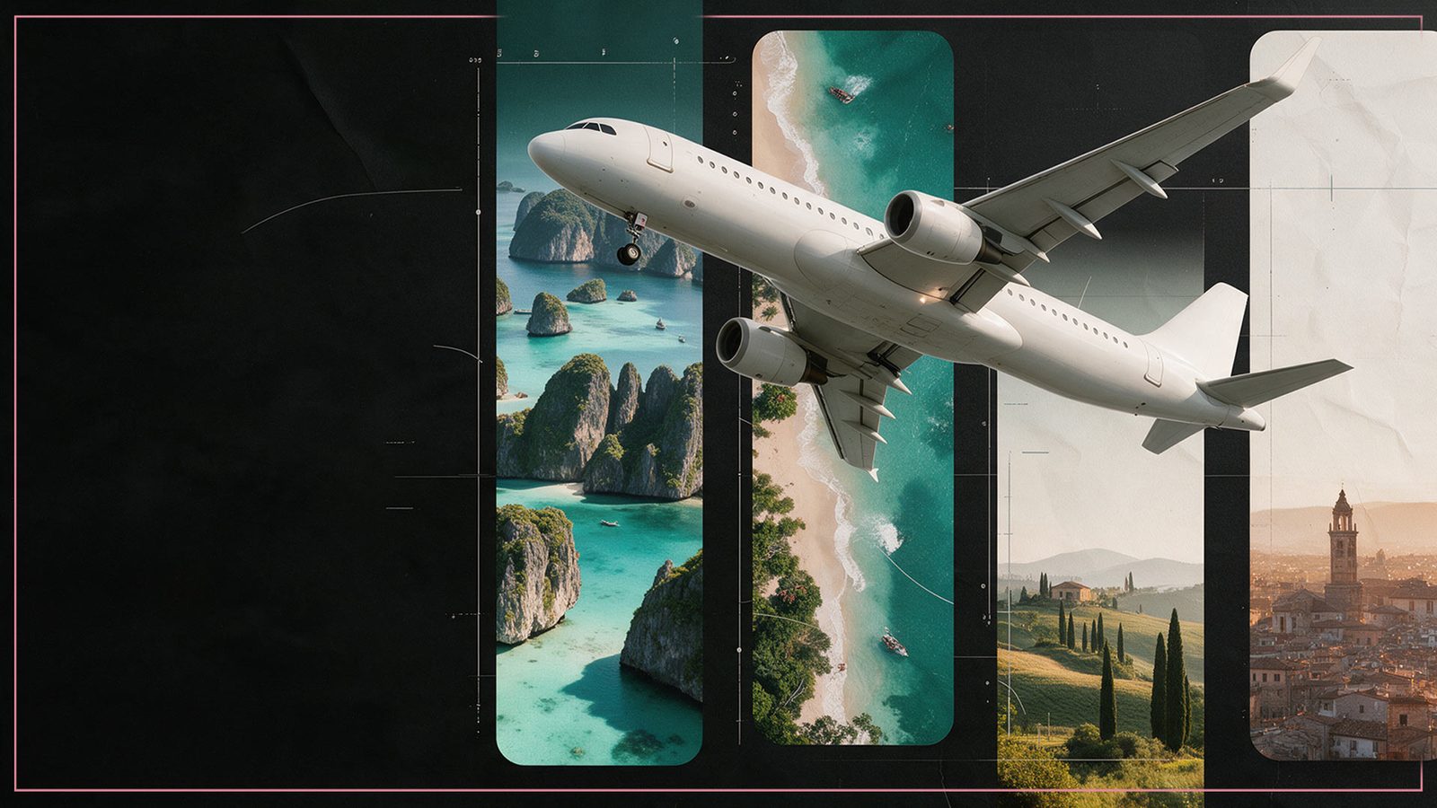 Avión sobrevolando un collage de destinos: islas turquesa, playa, campo toscano y ciudad italiana