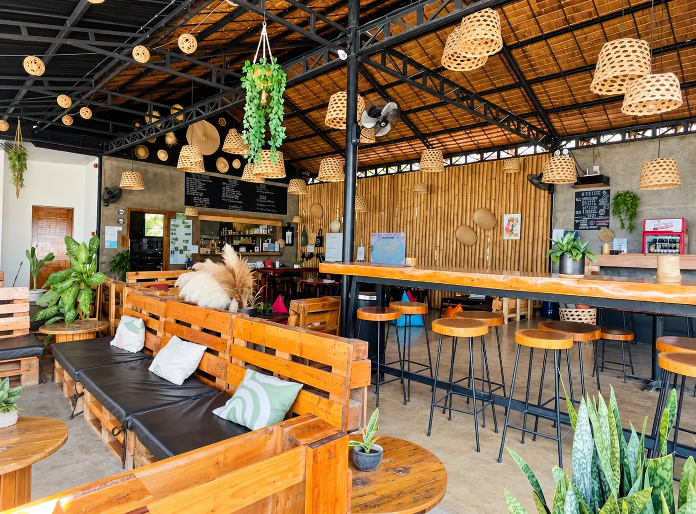 Zona común de Maayong Hostel con barra, sofás y lámparas de mimbre