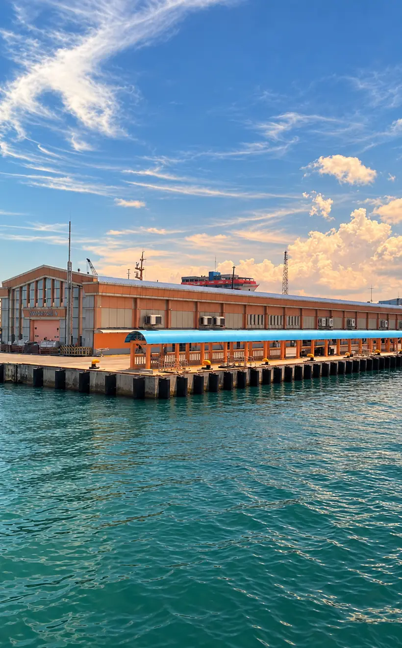 Edificio del puerto de Cebú visto desde el ferry