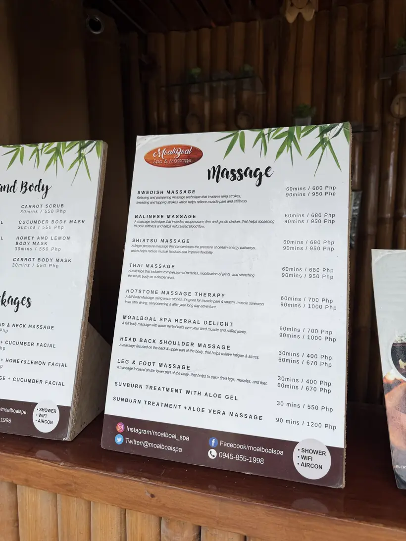 Carta de masajes de Moalboal Spa & Massage con sus precios
