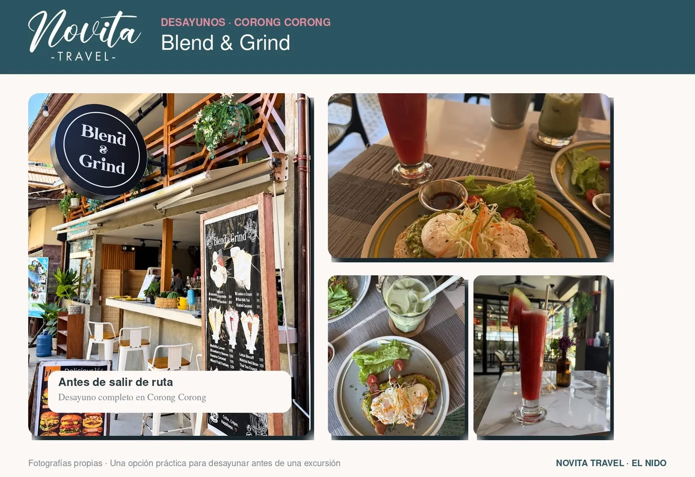 Collage de Blend & Grind: fachada, zumo y tostadas con huevo