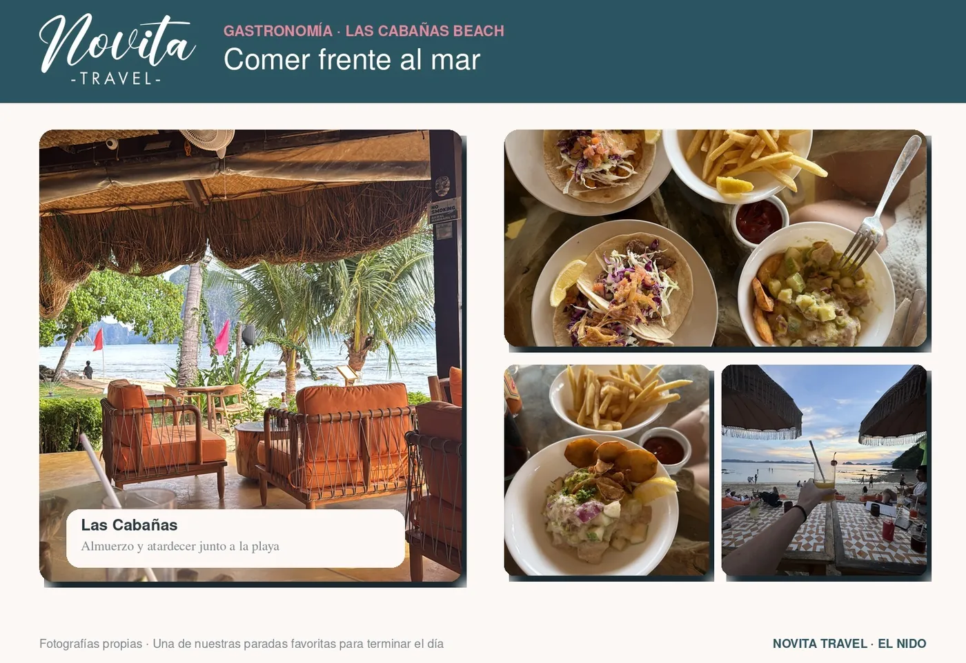 Collage de Las Cabañas: restaurante frente al mar, platos y atardecer