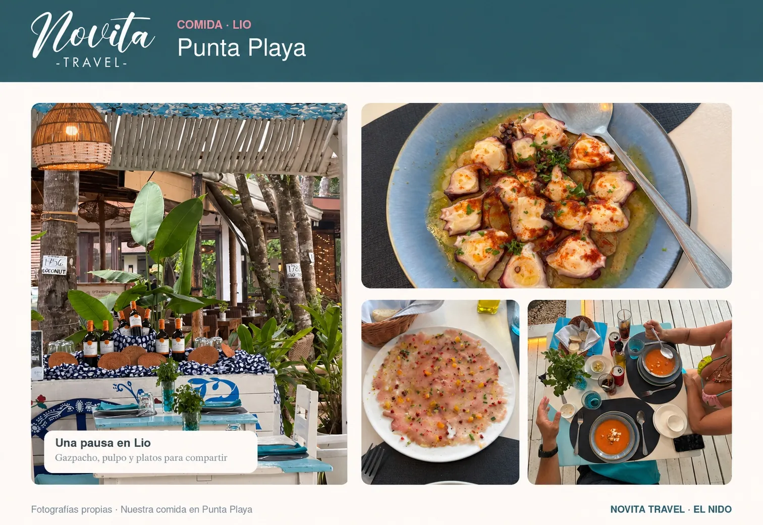 Collage de Punta Playa, en Lio: el comedor decorado en azul y blanco, pulpo, carpaccio de atún y gazpacho en la mesa